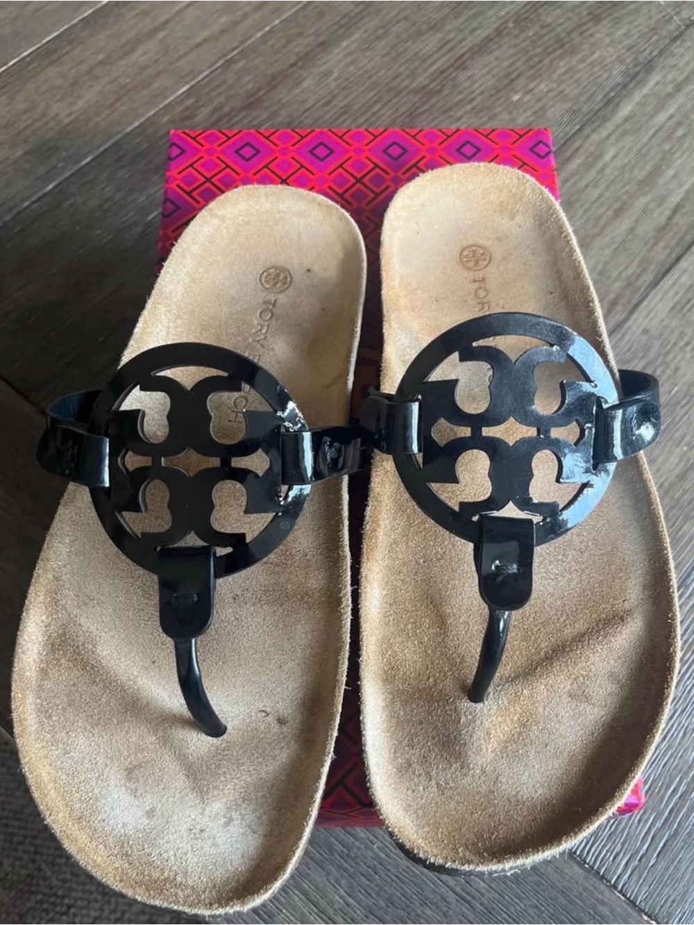 Tory Burch Black Patent Logo Thong Sandals